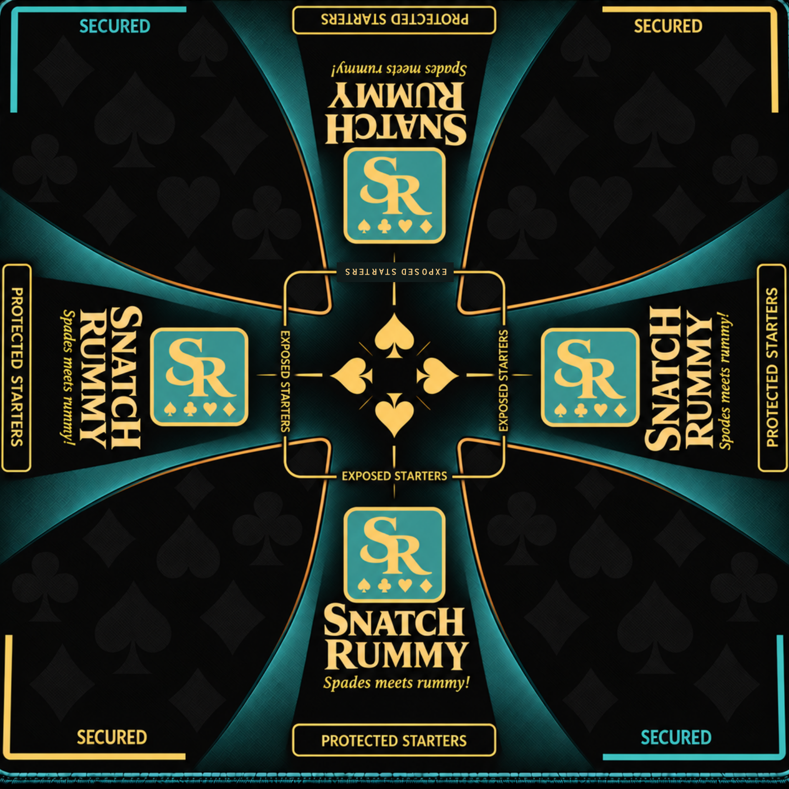 Snatch Rummy mat prototype in Blue, Gold, and black with labeled playing areas